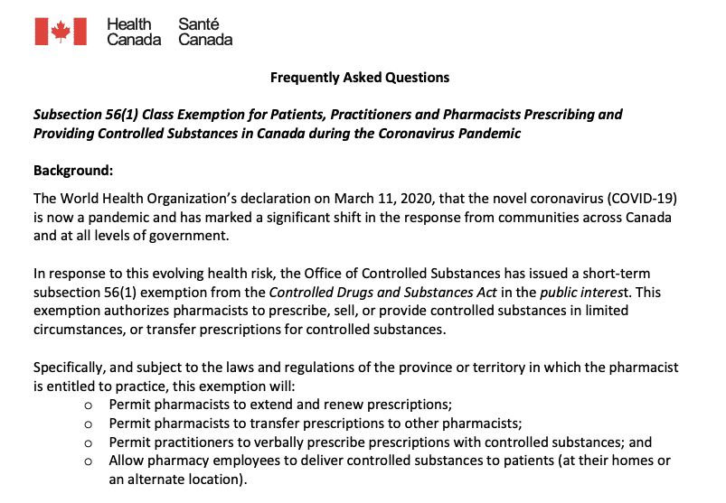 FAQ: Class Exemption for Controlled Substances during COVID-19
